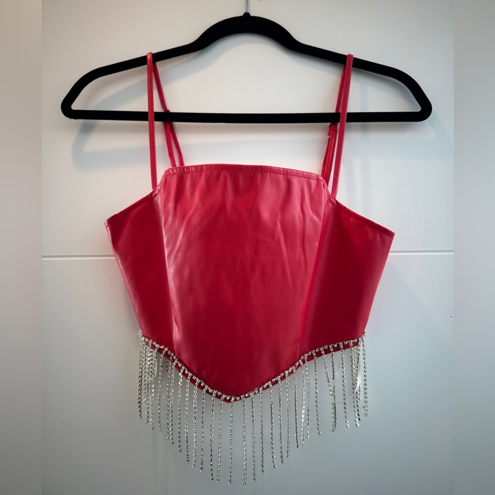 Trendy & Tipsy Red Rhinestone Fringe Crop Top Festival Going Out | NWT Size S - Picture 8 of 14